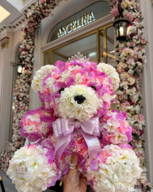 Handmade luxurious mixed pink rose bear of artificial flowers in heart shaped box