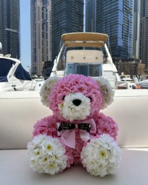 Handmade luxurious pink & white rose bear of artificial flowers in heart shaped box