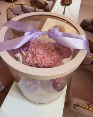 Pink & purple handmade luxurious rose bear of artificial flowers in round gift box