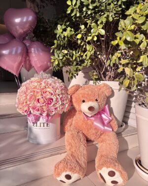 Curated Set - The Classic Bear + Pink Faux Hatbox + Balloons