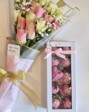 Chocolate-dipped Strawberry Box + Rose Bouquet